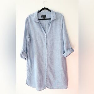 Tahari 100% Linen Blue Button Down Shirt Blouse Tunic Top Size XL Coastal Beach